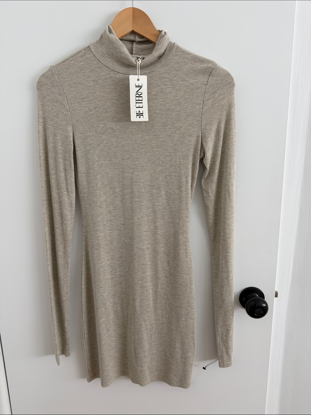 Eterne Beige Long Sleeve Turtleneck Bodycon Dress